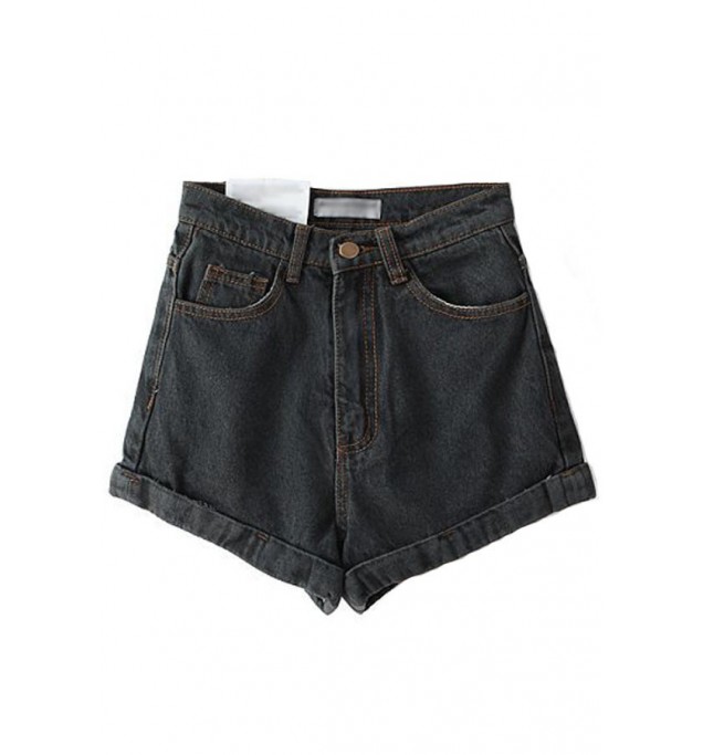Black Grey Roll-up Denim Shorts