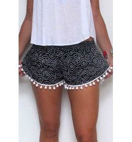 Black Graphic Fringe Line Elastic Waist Shorts