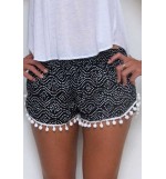Black Graphic Fringe Line Elastic Waist Shorts