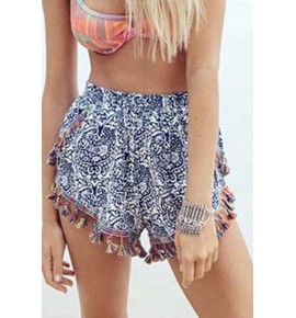 Dark Blue Tribal Printed Fringe Shorts