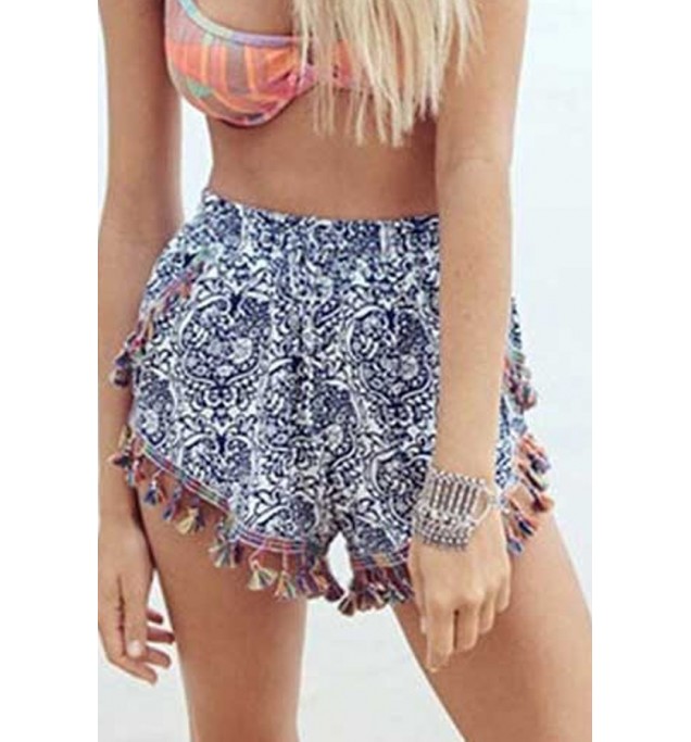Dark Blue Tribal Printed Fringe Shorts
