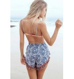 Dark Blue Tribal Printed Fringe Shorts