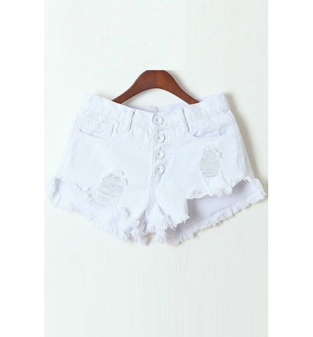White Distressed Raw Hem Low Waist Denim Shorts