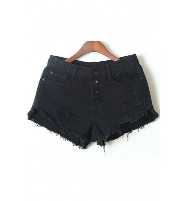 Black Distressed Raw Hem Low Waist Denim Shorts