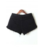 Black Distressed Raw Hem Low Waist Denim Shorts