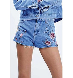 Blue Floral Embroidery Acid Wash Raw Hem Slit Denim Shorts
