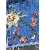 Blue Floral Embroidery Acid Wash Raw Hem Slit Denim Shorts