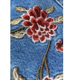 Blue Floral Embroidery Acid Wash Raw Hem Slit Denim Shorts