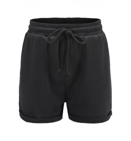 Black Drawstring Pocket Roll Up Hem Casual Shorts
