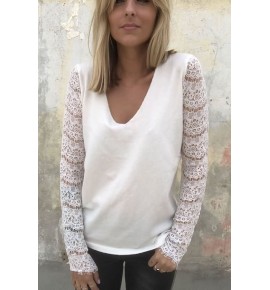White Lace Splicing V Neck Sheer Casual Top