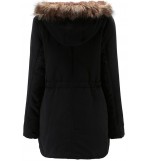 Black Zipper Up Pocket Faux Fur Trim Hoodied Casual Long Coat