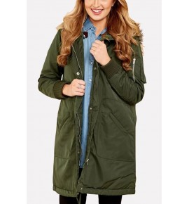 Army-green Faux Fur Trim Hood Pocket Zipper Casual Parka Jacket