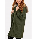 Army-green Faux Fur Trim Hood Pocket Zipper Casual Parka Jacket