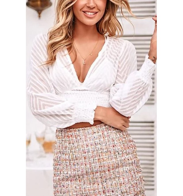 White Plunging Lace Mesh Sexy Cropped Blouse
