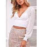 White Plunging Lace Mesh Sexy Cropped Blouse