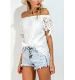 White Off Shoulder Short Sleeve Sexy Lace Blouse