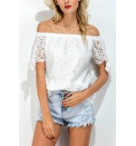White Off Shoulder Short Sleeve Sexy Lace Blouse