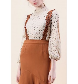 Lace Crochet Mock Neck Puff Sleeve Casual Blouse
