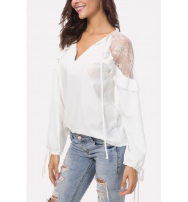 White Lace Mesh V Neck Ruffles Trim Tied Cuff Casual Chiffon Blouse