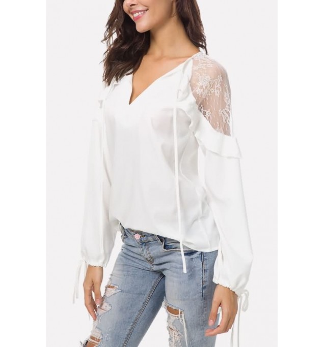 White Lace Mesh V Neck Ruffles Trim Tied Cuff Casual Chiffon Blouse