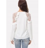 White Lace Mesh V Neck Ruffles Trim Tied Cuff Casual Chiffon Blouse