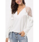 White Lace Mesh V Neck Ruffles Trim Tied Cuff Casual Chiffon Blouse
