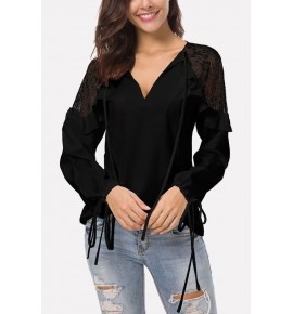 Black Lace Mesh V Neck Ruffles Trim Tied Cuff Casual Chiffon Blouse