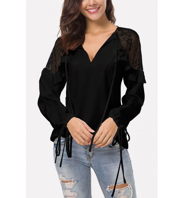Black Lace Mesh V Neck Ruffles Trim Tied Cuff Casual Chiffon Blouse