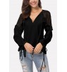 Black Lace Mesh V Neck Ruffles Trim Tied Cuff Casual Chiffon Blouse