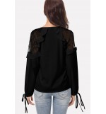 Black Lace Mesh V Neck Ruffles Trim Tied Cuff Casual Chiffon Blouse