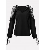 Black Lace Mesh V Neck Ruffles Trim Tied Cuff Casual Chiffon Blouse