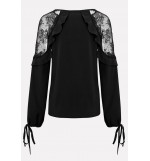 Black Lace Mesh V Neck Ruffles Trim Tied Cuff Casual Chiffon Blouse