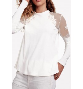 White Floral Lace Mesh Splicing Casual Blouse