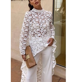 White Lace Crochet Hollow Out Sexy High Low Blouse