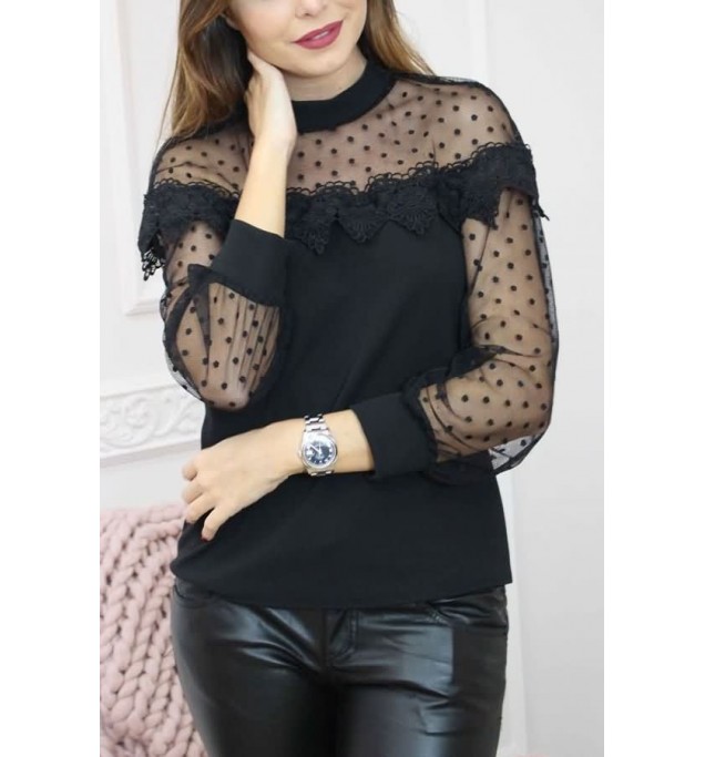 Black Polka Dot Lace Crochet Mesh Splicing Sexy Blouse