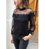 Black Polka Dot Lace Crochet Mesh Splicing Sexy Blouse