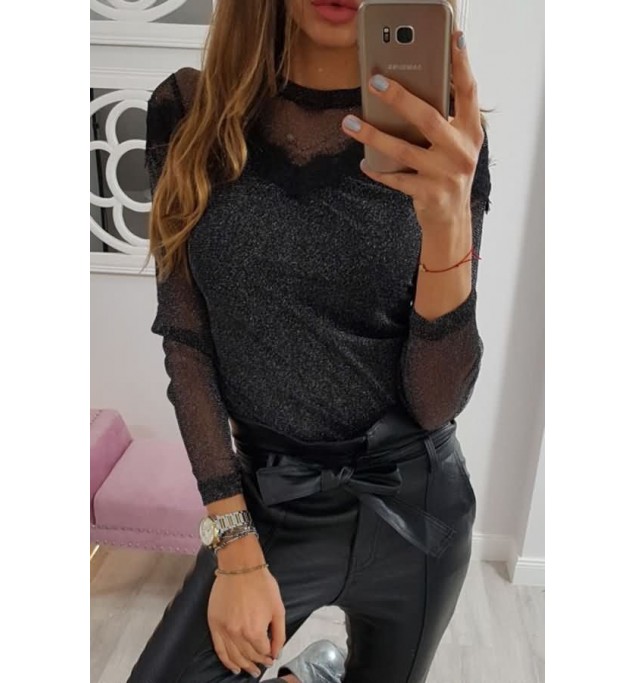 Black Glitter Lace Mesh Casual Blouse