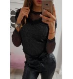 Black Glitter Lace Mesh Casual Blouse