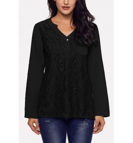 Black Lace Splicing Button V Neck Casual Blouse