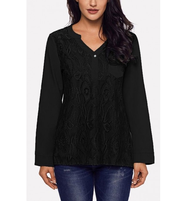 Black Lace Splicing Button V Neck Casual Blouse
