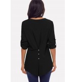 Black Lace Splicing Button V Neck Casual Blouse