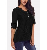 Black Lace Splicing Button V Neck Casual Blouse