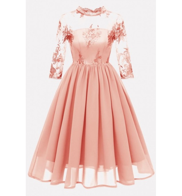 Coral Lace Overlay Keyhole Back Sexy A Line Chiffon Dress