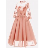 Coral Lace Overlay Keyhole Back Sexy A Line Chiffon Dress