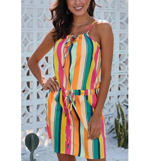 Color Block Stripe High Neck Sleeveless Tied Waist Sexy Dress