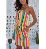 Color Block Stripe High Neck Sleeveless Tied Waist Sexy Dress