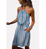 Color Block Stripe High Neck Sleeveless Tied Waist Sexy Dress