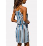 Color Block Stripe High Neck Sleeveless Tied Waist Sexy Dress