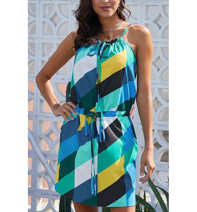 Blue Color Block High Neck Sleeveless Tied Waist Sexy Dress
