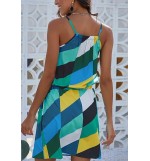 Blue Color Block High Neck Sleeveless Tied Waist Sexy Dress